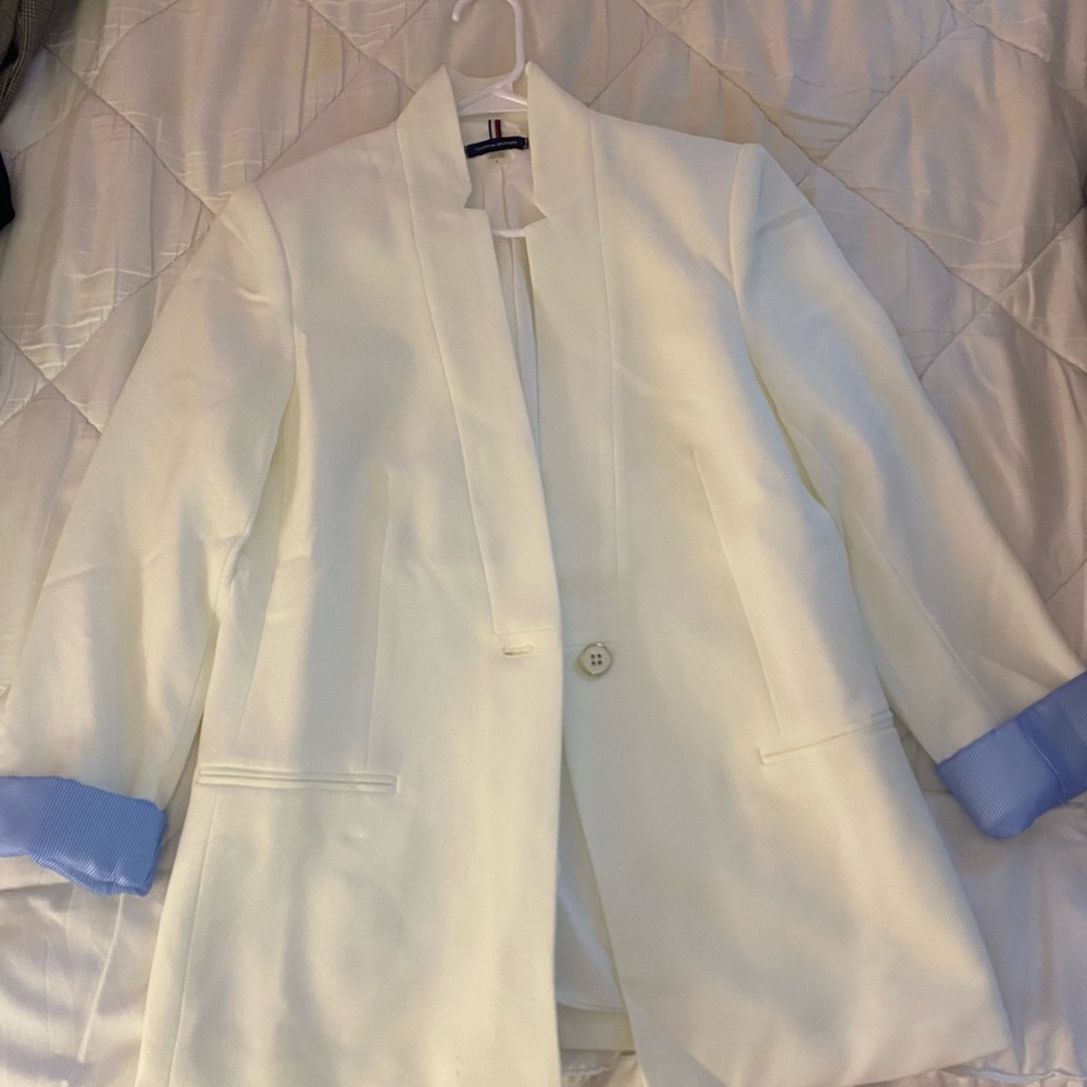 Cream colored tommy hilfinger long lined blazer with blue accent cuffs !